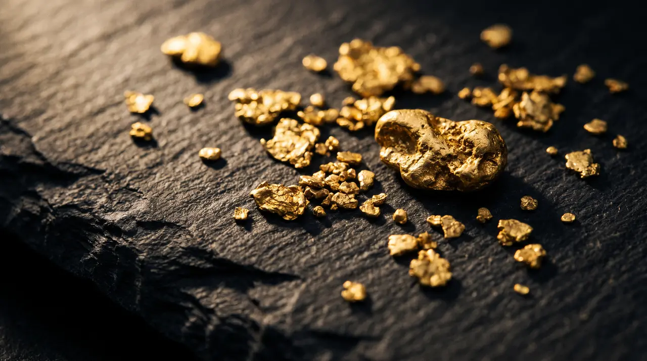 Gold nuggets of widely different sizes lying scattered across dark slate, as they were found.