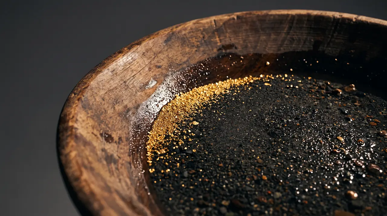 A panner’s bowl of black sediment with a bright seam of gold separated out along its edge.